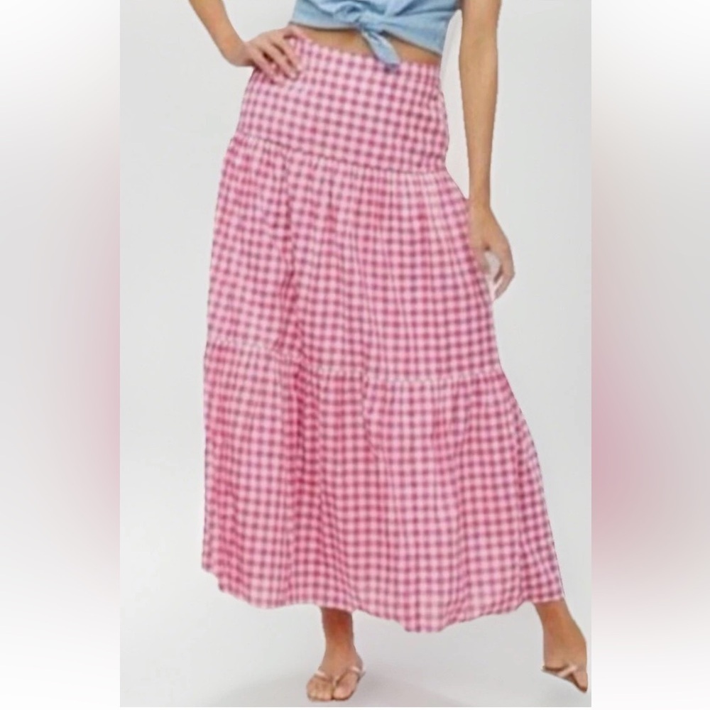 J. Crew Pink White Gingham Triple Tier Cotton Maxi Skirt Women’s Size XS